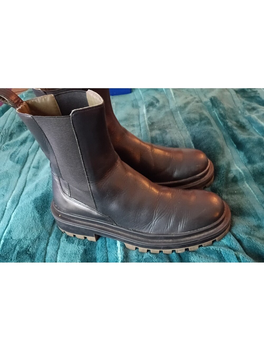Zara Black Leather Chunky Lug Sole Chelsea Boots Platform Mid Calf Size39 US 8.5